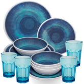 Melamin Geschirr Set Jesolo Blau für 4 Personen - 16 Teile - mit farblich passenden Trinkgläsern 400ml aus Acryl Campinggeschirr