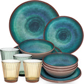 Melamin Geschirr Set Jesolo Grün für 4 Personen - 16 Teile - mit farblich passenden Trinkgläsern 360ml aus Acryl - Steingutoptik - Campingzubehör Campinggeschirr Wohnwagen Camping Gartenparty