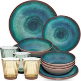 Melamin Geschirr Set Jesolo Grün für 4 Personen - 16 Teile - mit farblich passenden Trinkgläsern 360ml aus Acryl - Steingutoptik - Campingzubehör Campinggeschirr Wohnwagen Camping Gartenparty