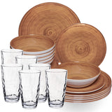 Melamin Geschirr Set Bambi Braun für 6 Personen - 24 Teile mit klaren Trinkgläsern 460 ml aus Acryl Steingutoptik Campinggeschirr