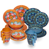 Melamin Geschirr Set Toskana Pastel für 6 Personen - 24 Teile - Orange-Blau - Mandala-Optik Spülmaschinengeeignet Essgeschirr Campinggeschirr