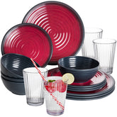 Melamin Geschirr Set Rot für 4 Personen 16 Teile mit Trinkglas Klar Tonoptik - Essgeschirr Acryl Wasserglas - Campinggeschirr