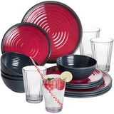 Melamin Geschirr Set Rot für 4 Personen 16 Teile mit Trinkglas Klar Tonoptik - Essgeschirr Acryl Wasserglas - Campinggeschirr