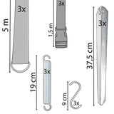 Sturmband Set Spanngurte 3x6 m mit Spannfeder Heringe S-Haken Sturmset Sturmsicherung Vorzelt Zelt Zubehör Camping Tie Down Erdanker Sturmverspannung Seitensicherung