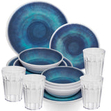 Melamin Geschirr Set Jesolo Blau für 4 Personen - 16 Teile - mit klarem Trinkglas 450ml aus Acryl Steingutoptik Campinggeschirr