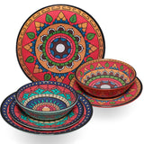 Melamin Geschirr Set Toskana Deep für 2 Personen - 6 Teile - Rot-Grün - Mandala-Optik Essgeschirr Campinggeschirr