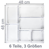 Schubladen Organizer 5,5cm hoch - 6 Teile 48x48 cm 3 Größen klar transparent Antislip - Organizer für Schminktisch Kosmetik Bad Küche Kiste Besteck Aufbewahrungsbox Ordnungsbox Schubladeneinsatz Ordnungssystem