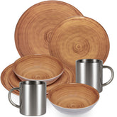 Melamin Geschirr Set Braun für 2 Personen - 8 Teile mit Edelstahl Thermo Tassen Steingutoptik Spülmaschinengeeignet Essgeschirr Zubehör Campinggeschirr Wohnwagen Camping Festival Picknick Gartenparty