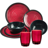 Melamin Geschirr Set für 2 Personen 8 Teile mit Trinkglas rot schwarz Tonoptik - Essgeschirr Acryl Wasserglas - Campinggeschirr