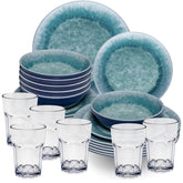 Melamin Geschirr Set Adria Blue für 6 Personen - 24 Teile Blau - mit klarem Trinkglas 400 ml aus Acryl Steingutoptik Campinggeschirr