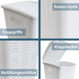 2x Wäschekorb 50 Liter groß Weiß und Grau - Rattanoptik mit Deckel - Sortierer Wäschesammler mit Löcher 38x36x54cm Wäschebox Wäschesortierer Haushaltskorb Korb Haushalt Kunststoff Wäschetruhe Wäschetonne Wäschesack