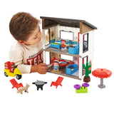 Spielzeug Haus Familienhaus Wohnhaus zum Spielen - mit Figuren Möbel Hund Haustier Grill Motorroller Gartenmöbel - Kinder Spielzeug Set Puppenhaus mit 3 Puppen Kunststoff Spiel Set ab 18 Monaten bunt