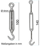 8x Edelstahl Spannschloss Spannschraube D-4mm - M4 - Öse+Haken - V2A Seilspanner Segelspanner für Drahtseil - 10-14cm lang Wantenspanner Bruchlast 100 kg