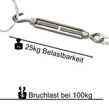 4x Edelstahl Spannschloss Spannschraube D-4mm - M4 - Öse+Haken V2A - Seilspanner Segelspanner für Drahtseil - 10-14cm lang Wantenspanner Bruchlast 100 kg