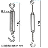 Edelstahl Spannschloss Spannschraube D-5mm - M5 - Haken+Öse - V2A - Seilspanner Segelspanner für Drahtseil - 11-17cm lang Wantenspanner Bruchlast 130kg
