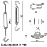 Edelstahl Sonnensegel Befestigungsset 40 Teile - V2A SS304 - Wantenspanner Spannschloss Karabiner Sonnensegelspanner Markisenbefestigung Segelbefestigung Aufhängung Augplatte Montage Set Kit Wandhalterung