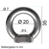10 Edelstahl M8 Ringmutter V2A 304 - Ösenmutter Augenmutter Ringösen Traglast 350 kg Heberingmutter Hebering Loch für Kabelseil Eye nut