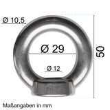 Edelstahl M12 Ringmutter V2A 304 - Ösenmutter Augenmutter Ringösen Traglast 1000 kg Hebegeräte Hebezubehör Heberingmutter Hebering Loch für Kabelseil Eye nut Ähnlich-DIN582