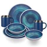 Melamin Geschirr Set Jesolo Blau für 2 Personen 8 Teile - mit Edelstahl Thermo Tassen Steingutoptik Spülmaschinengeeignet Essgeschirr Campingzubehör Campinggeschirr Wohnwagen Camping Festival Picknick