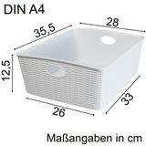 Aufbewahrungskörbchen WEIß Rattan-Optik - DINA4 35x28x12cm - LEBENSMITTELECHT Ordnungskorb Ordnungsbox Schubladenorganizer Schublade Organizerbox Ordnungssystem