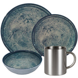 Melamin Geschirr Set Mondgranit Blau-Grau für 2 Personen - 8 Teile - mit Edelstahl Thermo Tassen Steingutoptik Spülmaschinengeeignet Essgeschirr Campingzubehör Campinggeschirr Wohnwagen Camping Festival Picknick Gartenparty