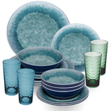 Melamin Geschirr Set Adria Blue für 4 Personen - 16 Teile Blau - mit farblich passenden Trinkgläsern 260 ml aus Acryl Steingutoptik Campinggeschirr