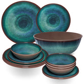 Melamin Geschirr Set Jesolo Grün für 4 Personen 12 Teile - mit Salatschale Steingutoptik Spülmaschinengeeignet Essgeschirr Campingzubehör Campinggeschirr Wohnwagen Camping Festival Picknick Gartenparty