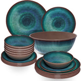 Melamin Geschirr Set Jesolo Grün für 6 Personen 19 Teile - mit Salatschale Steingutoptik Spülmaschinengeeignet Essgeschirr Campingzubehör Campinggeschirr Wohnwagen Camping Festival Picknick Gartenparty