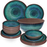 Melamin Geschirr Set Jesolo Grün für 6 Personen 19 Teile - mit Salatschale Steingutoptik Spülmaschinengeeignet Essgeschirr Campingzubehör Campinggeschirr Wohnwagen Camping Festival Picknick Gartenparty