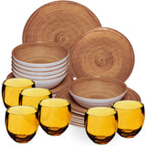 Melamin Geschirr Set Bambi Braun für 6 Personen - 24 Teile mit farblich passenden Trinkgläsern 400 ml aus Acryl Steingutoptik Campinggeschirr