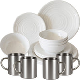 Melamin Geschirr Set Creme für 4 Personen 16 Teile mit Edelstahl Thermo Tassen doppelwandig - Tonoptik Essgeschirr - Campinggeschirr Picknick ideal für Camping modern Outdoor