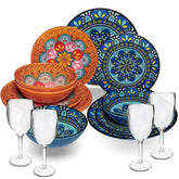 Melamin Geschirr Set Toskana Pastel für 4 Personen - 16 Teile - Orange-Blau - Mandala-Optik mit klaren Weingläsern 290 ml aus Acryl Campinggeschirr