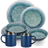 Melamin Geschirr Set Adria Blue für 2 Personen - 8 Teile Blau - mit Edelstahl Thermo Tassen Steingutoptik Essgeschirr Campingzubehör Campinggeschirr Wohnwagen Camping Festival Picknick Gaertenparty