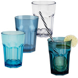 Melamin Geschirr Set Jesolo Blau für 4 Personen - 16 Teile - mit farblich passenden Trinkgläsern 400ml aus Acryl - Campinggeschirr