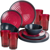 Melamin Geschirr Set für 4 Personen 16 Teile mit Trinkglas rot schwarz Tonoptik - Essgeschirr Acryl Wasserglas - Campinggeschirr