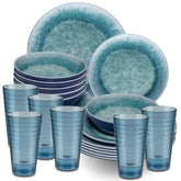 Melamin Geschirr Set Adria Blue für 6 Personen - 24 Teile Blau - mit blauem Trinkglas 400 ml aus Acryl Steingutoptik Campinggeschirr