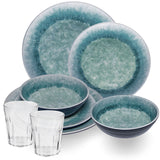 Melamin Geschirr Set Adria Blue für 2 Personen - 8 Teile Blau - mit klarem Trinkglas 250 ml aus Acryl Steingutoptik Campinggeschirr Camping