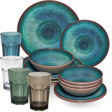 Melamin Geschirr Set Jesolo Grün für 4 Personen - 16 Teile - mit farblich passenden Trinkgläsern 400ml aus Acryl Campinggeschirr Geschirrset Tafelgeschirr Camping modernes Melamingeschirr bunt