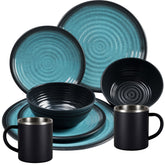 Melamin Geschirr Set Blau Schwarz für 2 Personen 8 Teile mit Edelstahl Thermo Tassen doppelwandig - Tonoptik Essgeschirr - Campinggeschirr Picknick ideal für Camping modern Outdoor