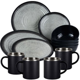 Melamin Geschirr Set Grau Schwarz für 4 Personen 16 Teile mit Edelstahl Thermo Tassen doppelwandig - Tonoptik Essgeschirr - Campinggeschirr Picknick ideal für Camping modern Outdoor