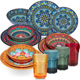 Melamin Geschirr Set Toskana für 4 Personen - 16 Teile - BUNT - Mandala-Optik mit farblich passenden Trinkgläsern 400 ml aus Acryl Campinggeschirr