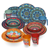 Melamin Geschirr Set Toskana für 4 Personen - 16 Teile - BUNT - Mandala-Optik Essgeschirr Campinggeschirr