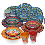 Melamin Geschirr Set Toskana für 4 Personen - 16 Teile - BUNT - Mandala-Optik Essgeschirr Campinggeschirr