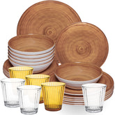 Melamin Geschirr Set Bambi Braun für 6 Personen - 24 Teile mit farblich passenden Trinkgläsern 360 ml aus Acryl Steingutoptik Campinggeschirr
