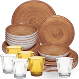 Melamin Geschirr Set Bambi Braun für 6 Personen - 24 Teile mit farblich passenden Trinkgläsern 360 ml aus Acryl Steingutoptik Campinggeschirr