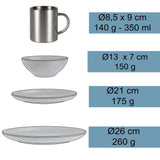 Melamin Geschirr Set Blau für 4 Personen 16 Teile mit Edelstahl Thermo Tassen doppelwandig - Tonoptik Essgeschirr - Campinggeschirr Picknick ideal für Camping modern Outdoor