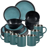 Melamin Geschirr Set Blau Schwarz für 6 Personen 24 Teile mit Edelstahl Thermo Tassen doppelwandig - Tonoptik Essgeschirr - Campinggeschirr Picknick ideal für Camping modern Outdoor