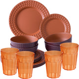 Melamin Geschirrset für 4 Personen - 16 Teile elegante Steingut Optik in Terracotta-Rot - mit buntem Trinkglas 450ml - Campinggeschirr Geschirrset Tafelgeschirr Spülmaschinengeeignet Outdoor Camping