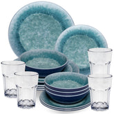 Melamin Geschirr Set Adria Blue für 4 Personen - 16 Teile Blau - mit klarem Trinkglas 400 ml aus Acryl Steingutoptik Campinggeschirr