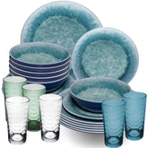 Melamin Geschirr Set Adria Blue für 6 Personen - 24 Teile Blau - mit farblich passenden Trinkgläsern 260 ml aus Acryl Steingutoptik Campinggeschirr